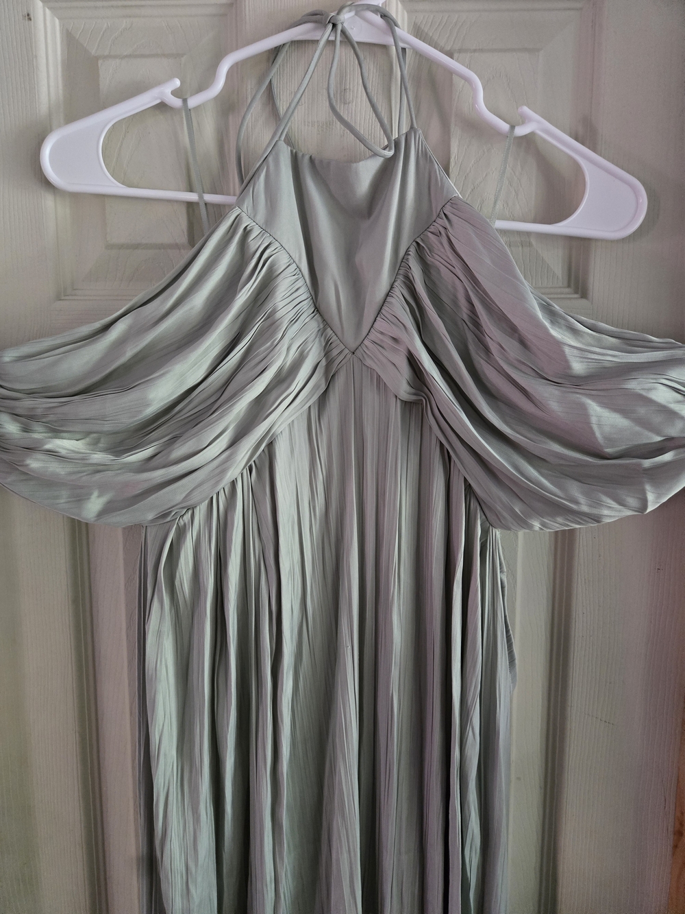 Anthropologie One-Shoulder Pleated Maxi Dress in Light Silver-Green
